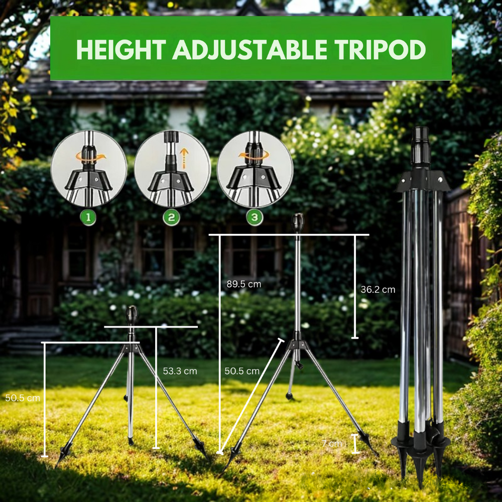 Skorter | Adjustable 360° Garden Sprinkler on Tripod – Stainless Steel Height-Adjustable Lawn Irrigation System
