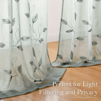 Skorter | Embroidered curtains with leaves - 2 pcs semi-transparent for bedroom and living room