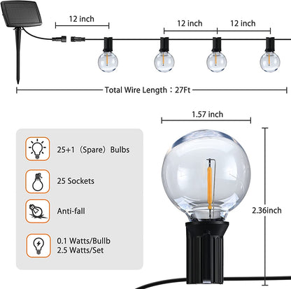 Skorter | 27Ft G40 Solar String Lights Outdoor Waterproof Globe Lights With 4 Lighting Modes Shockproof LED Bulbs
