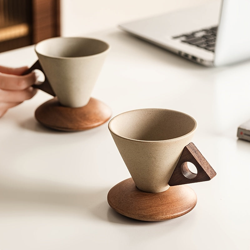 Skorter | BaristaLuxe Ceramic Coffee Cup 250ml – Handmade with Wooden Handle and Coaster