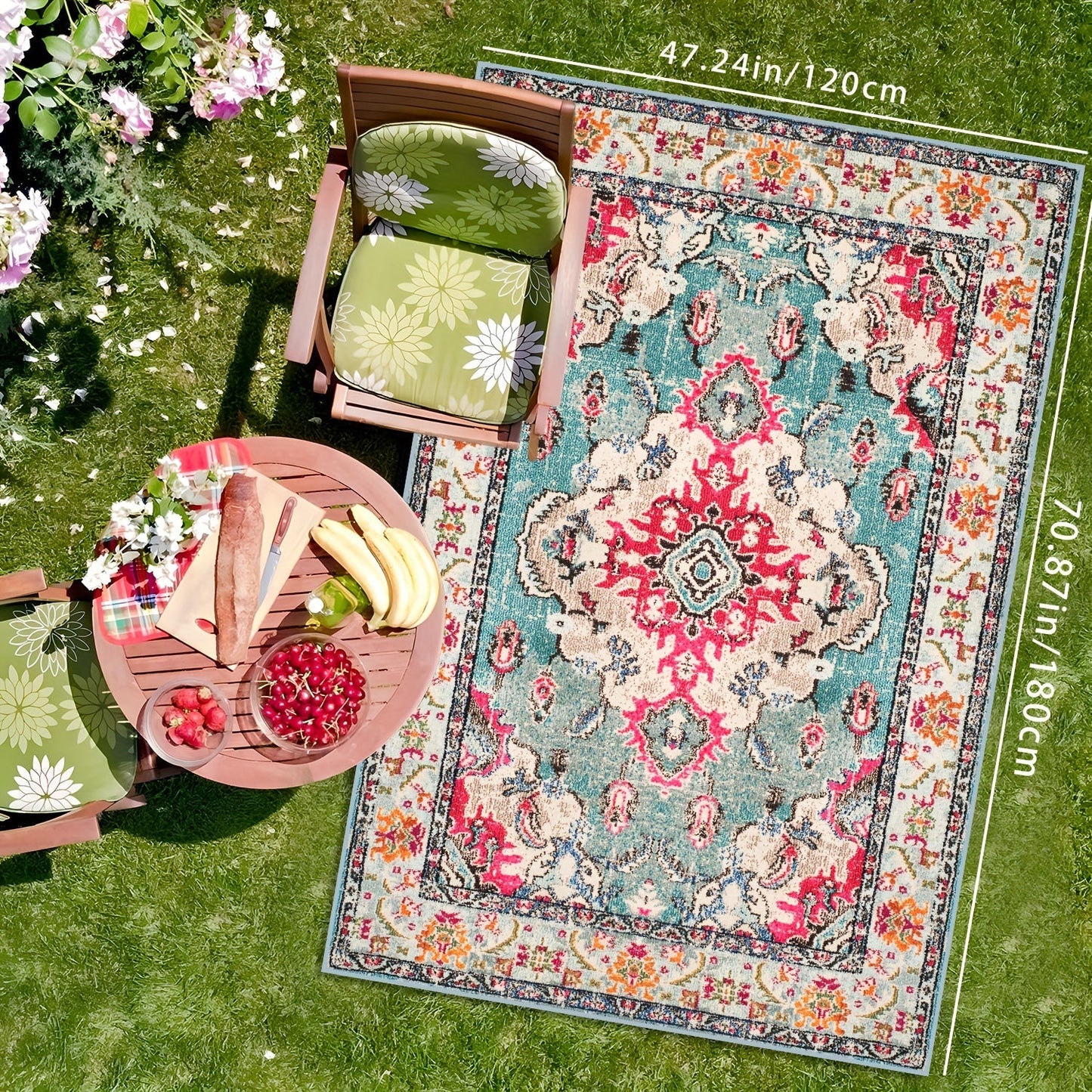Skorter | Vintage Boho Flower Mat - Perfect For Terrace, Garden and Poolside, Stain Resistant and Washable
