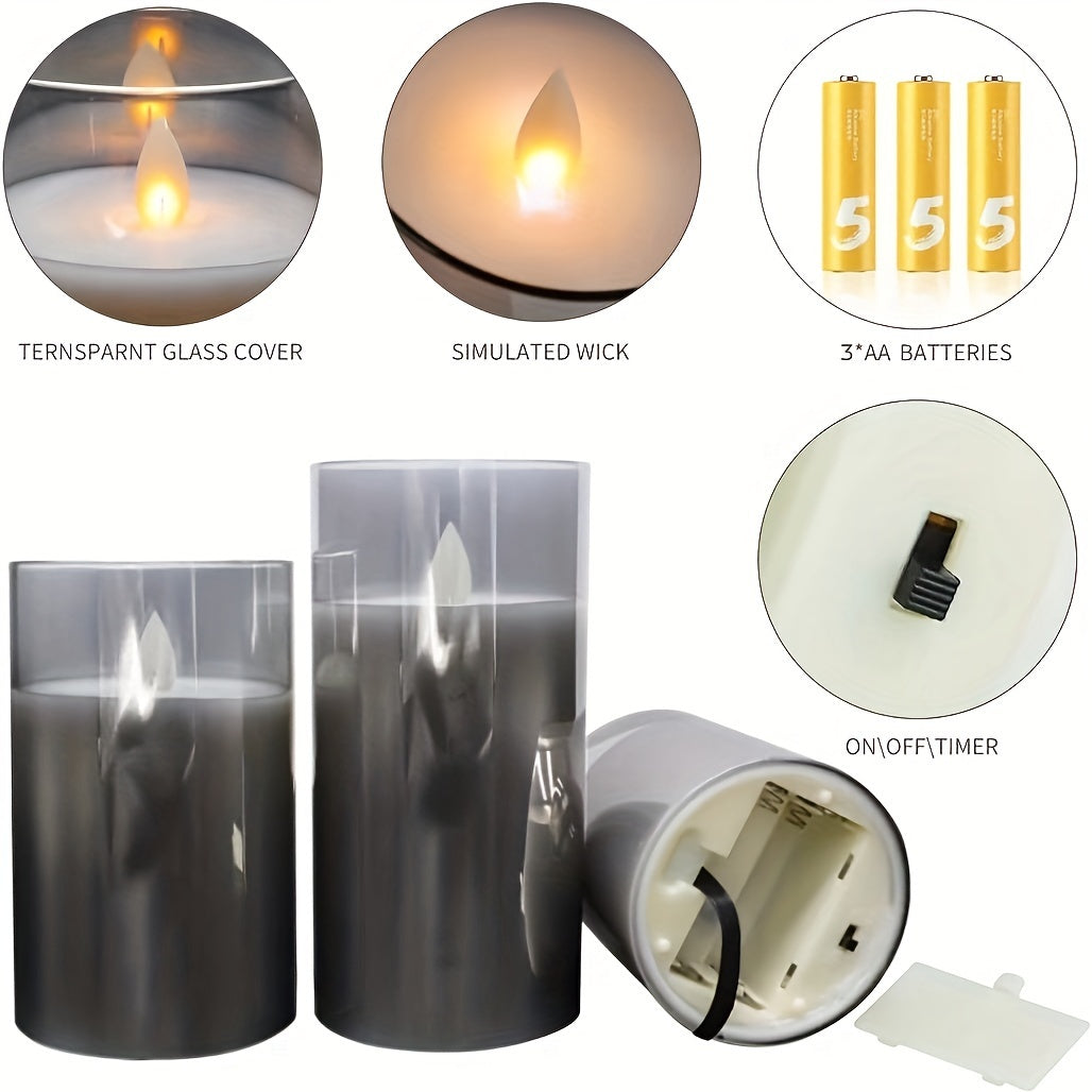 Skorter | 3pcs LED Fireproof Candles, Battery Operated Flickering Flame Pillar Real Wax Moving Flame Electric Light Set Gray Glass Effect With Remote Control Timer, 10.16 Cm, 12.7 Cm, 15.24 Cm, 3 Gray Packaging