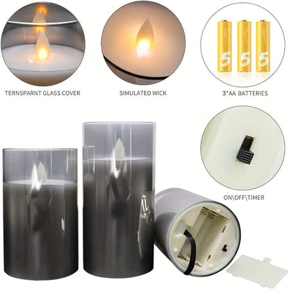 Skorter | 3pcs LED Fireproof Candles, Battery Operated Flickering Flame Pillar Real Wax Moving Flame Electric Light Set Gray Glass Effect With Remote Control Timer, 10.16 Cm, 12.7 Cm, 15.24 Cm, 3 Gray Packaging
