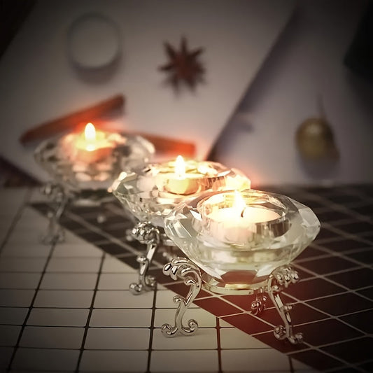 Skorter | 2-piece set with transparent crystal candle holders - European style, romantic diamond candle holders with metal ring base
