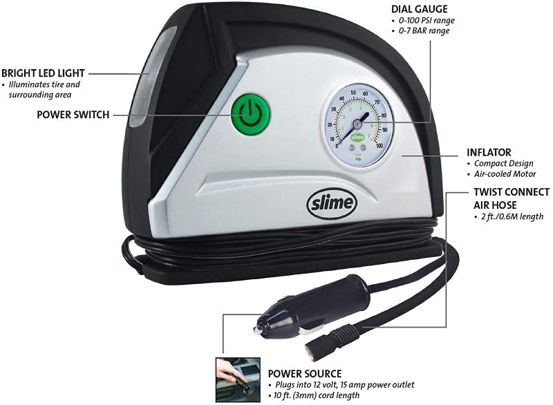 Skørter | 12V Tire Pump, Portable Car Compressor with Analog 100 psi Dial Gauge, Long Hose and LED Light
