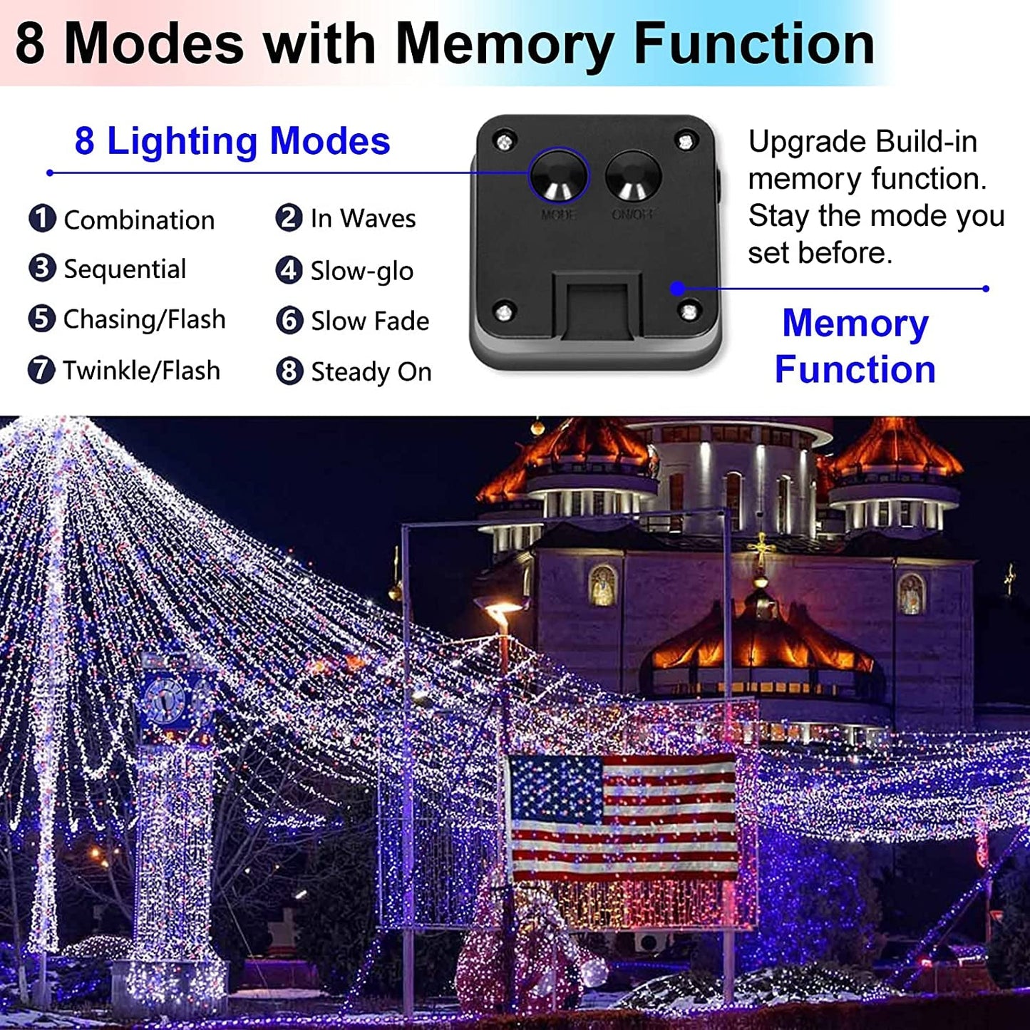 Skorter | July 4 patriotic decorations for home outdoor lights - Red White Blue solar string lights, 2 packs each 100LED 33ft