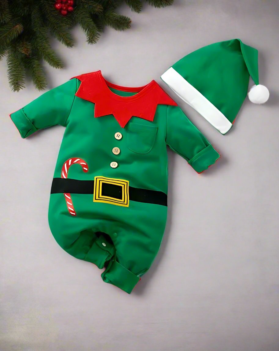 Skorter | Adorable Christmas Elf Jumpsuit for Newborn – Soft & Cozy Long Sleeve Outfit for Boys and Girls (0-18 Months) Perfect for Christmas Celebrations