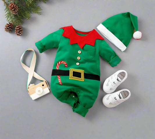 Skorter | Adorable Christmas Elf Jumpsuit for Newborn – Soft & Cozy Long Sleeve Outfit for Boys and Girls (0-18 Months) Perfect for Christmas Celebrations