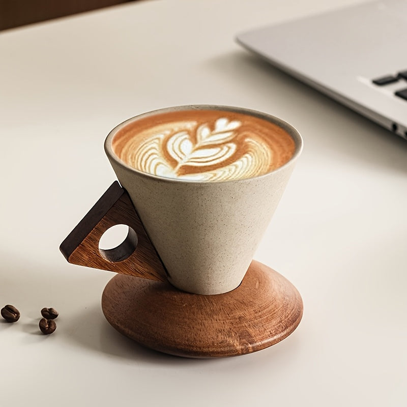 Skorter | BaristaLuxe Ceramic Coffee Cup 250ml – Handmade with Wooden Handle and Coaster