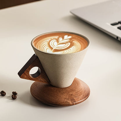 Skorter | BaristaLuxe Ceramic Coffee Cup 250ml – Handmade with Wooden Handle and Coaster