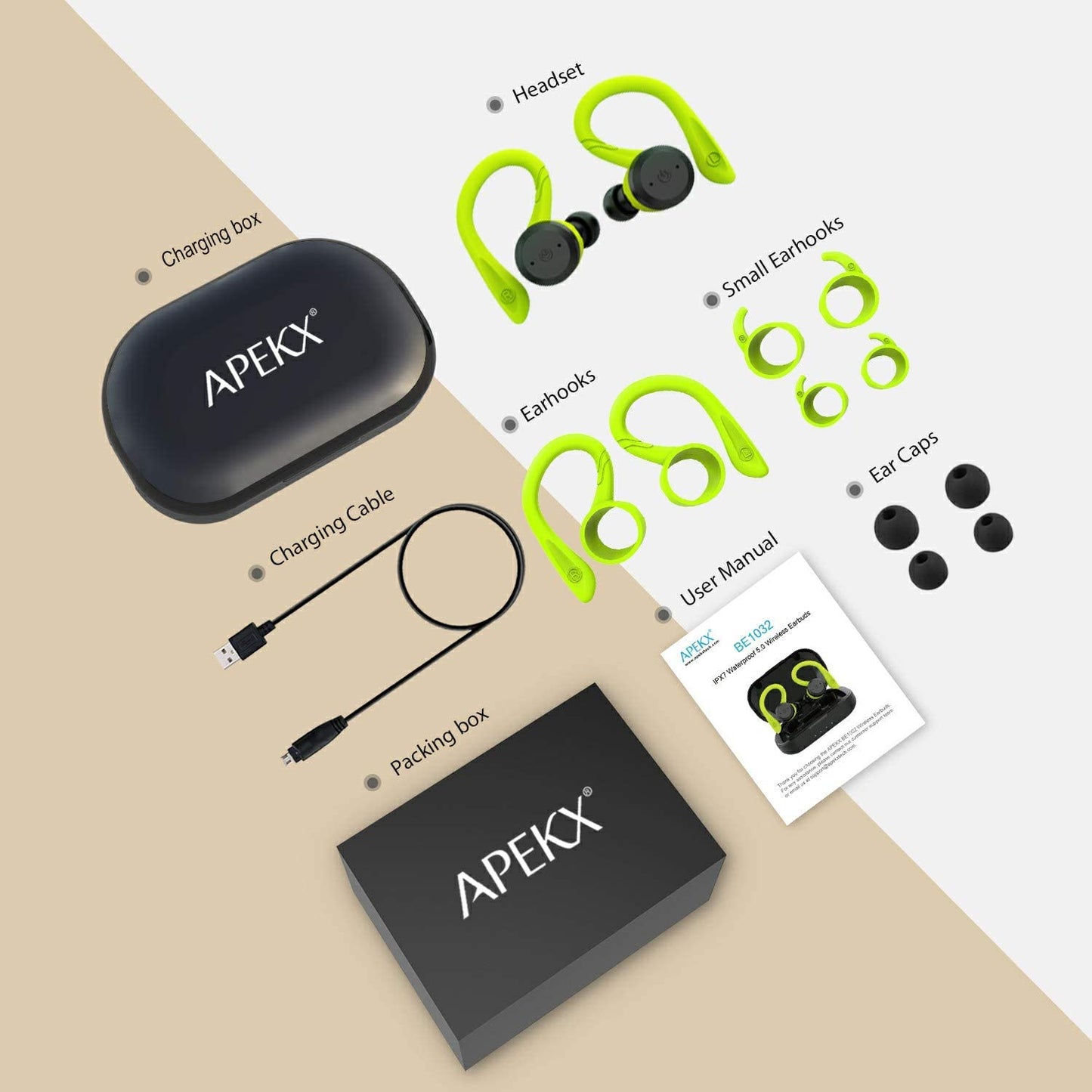 Skorter | APEKX Bluetooth headphones True Wireless earbuds with charging case