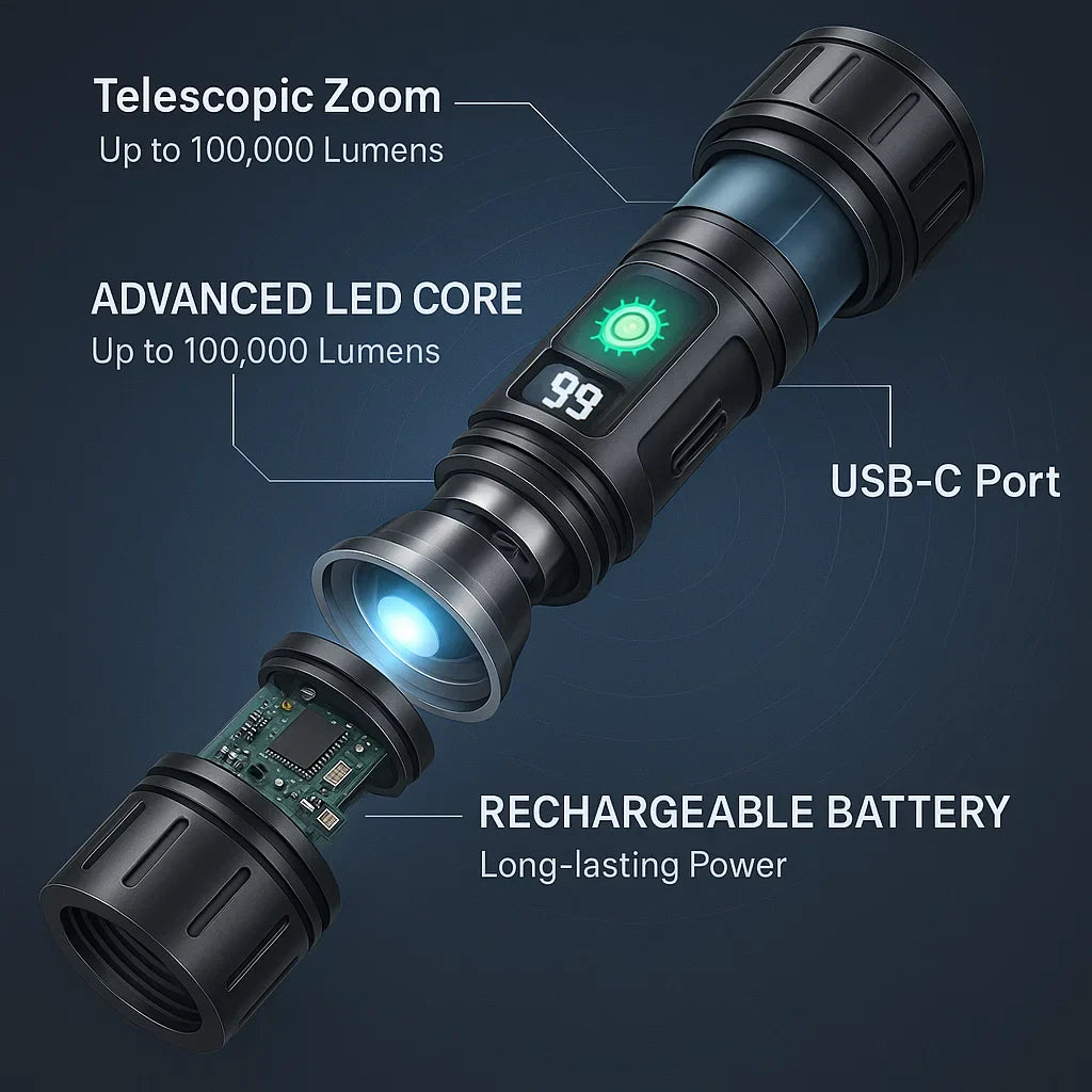 Skorter | 100000 Lumen Tactical Flashlight | World's Brightest High-Powered Torch
