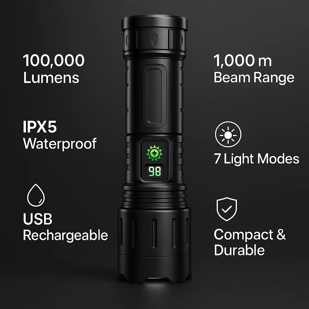 Skorter | 100000 Lumen Tactical Flashlight | World's Brightest High-Powered Torch