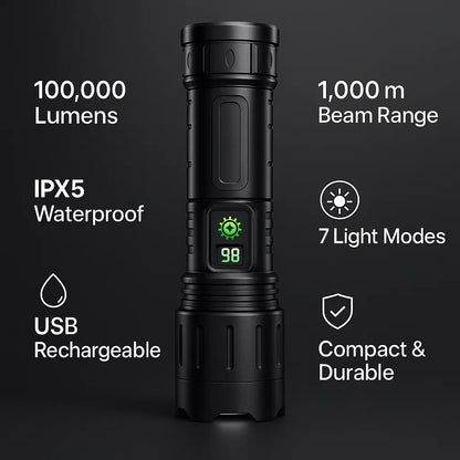 Skorter | 100000 Lumen Tactical Flashlight | World's Brightest High-Powered Torch