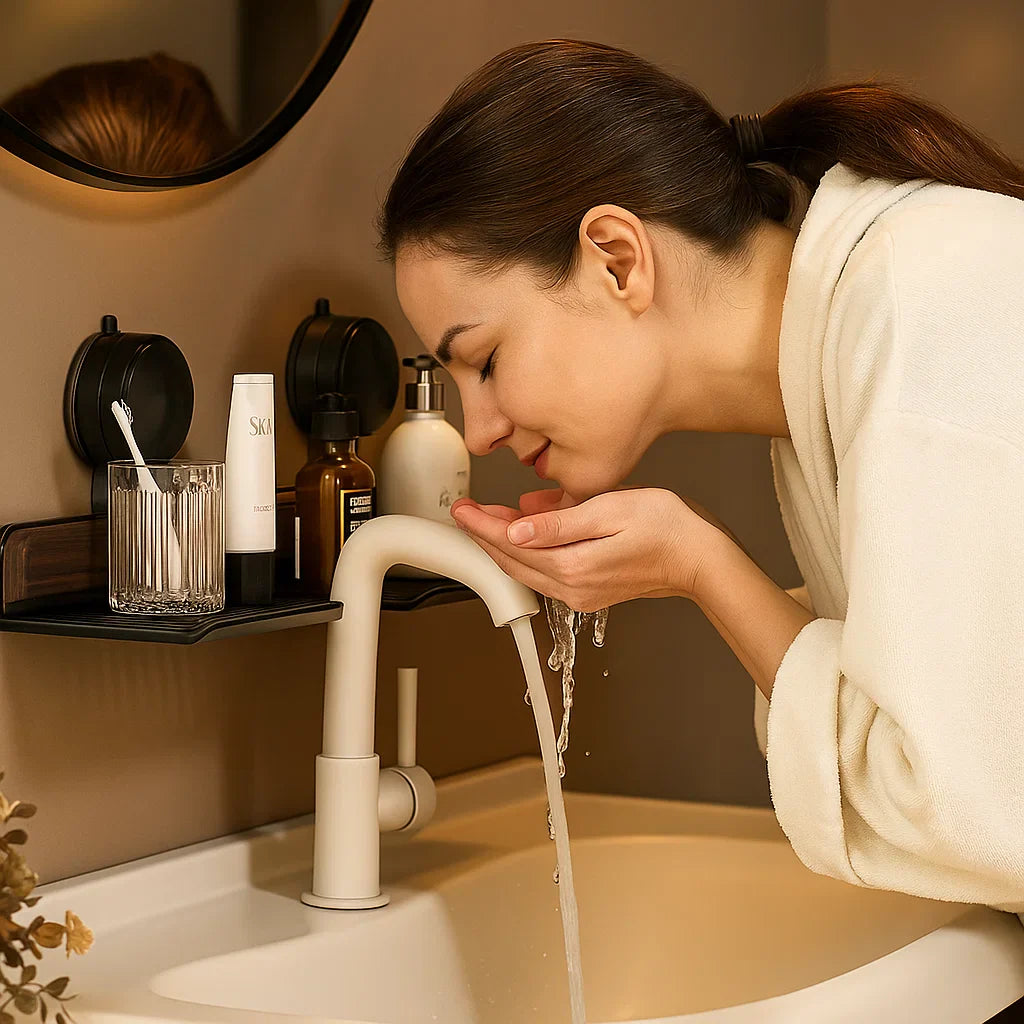 Skorter | Bathroom suction cup sink shelf in walnut design