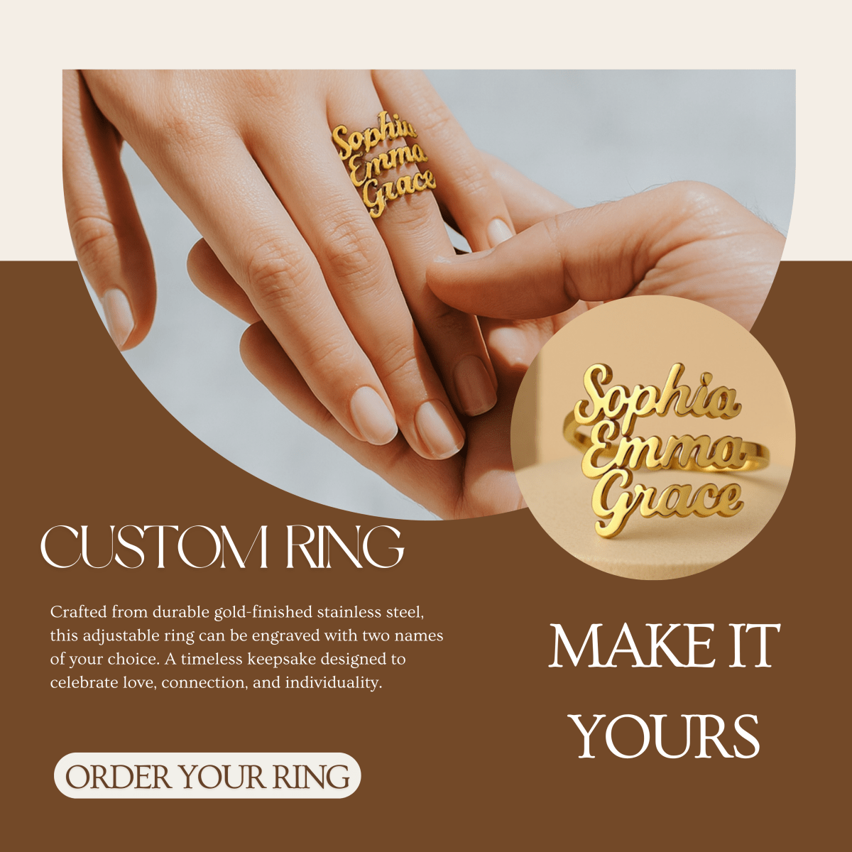 Skorter | AURELION – Custom Adjustable Gold Stainless Steel Name Ring