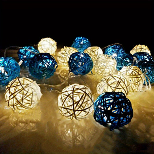 Skorter | LuxeGlow - Blue White Rattan Light Chains 2m 20 LED's, Battery Powered Decorative Lighting