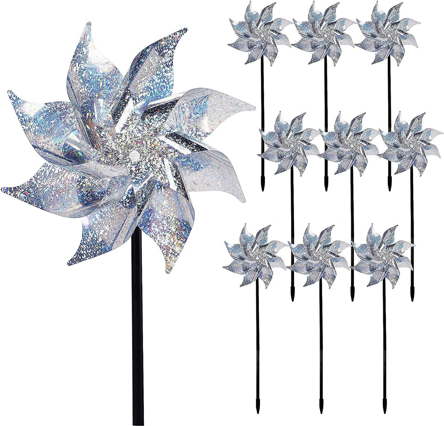 Skorter | 10 Pack Reflective Pinwheels Patriotic Decorations, American Flag on Pole Wind Spinner with Support for Independence Day, Memorial Day July 4th Party Supplies, Scare Birds Repellent Devices