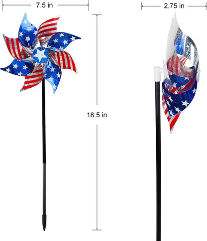 Skorter | 10 Pack Reflective Pinwheels Patriotic Decorations, American Flag on Pole Wind Spinner with Support for Independence Day, Memorial Day July 4th Party Supplies, Scare Birds Repellent Devices