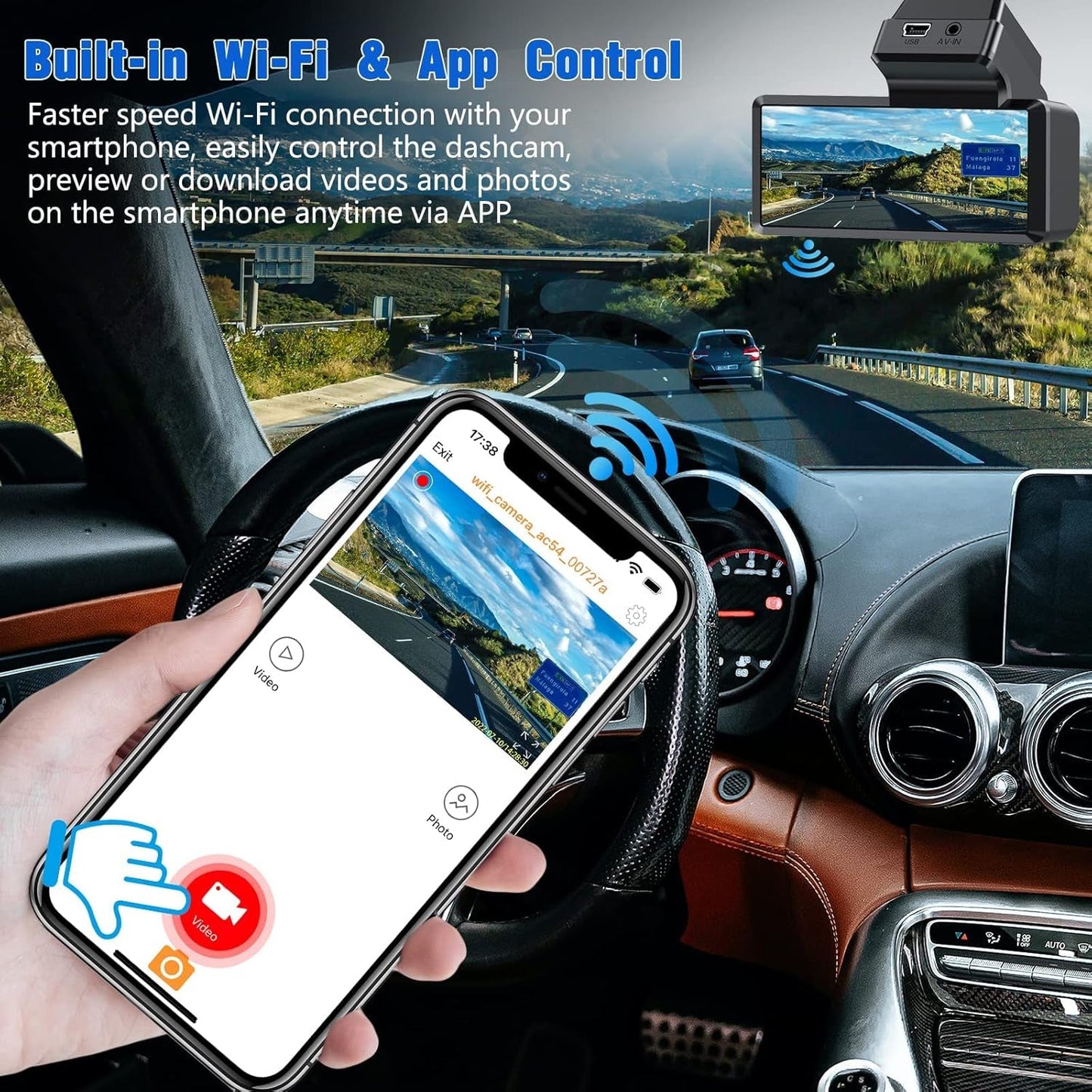Skørter | 2K Front Dash Cam with built-in WiFi - QHD 1440P with super night vision, G-sensor, 24 hours parking, 170° wide angle, loop recording