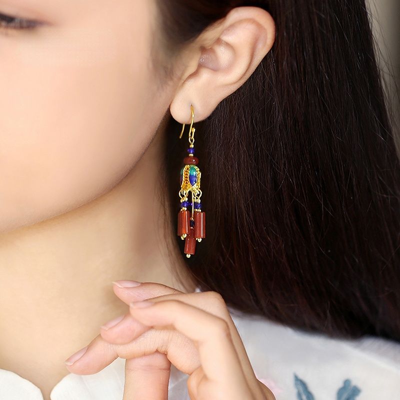 Skorter | Ethnic Style Retro Red Agate Tassel Fashion Sense Earrings