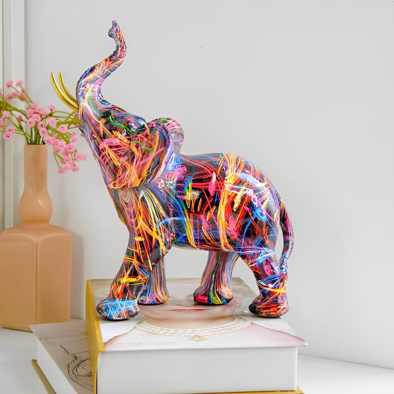 Skorter | Abstract Elephant Statue – Colourful African Design with Raised Trunk for Good Luck