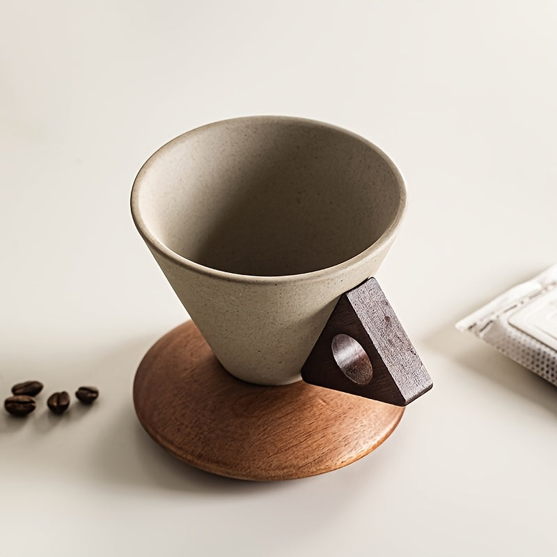 Skorter | BaristaLuxe Ceramic Coffee Cup 250ml – Handmade with Wooden Handle and Coaster