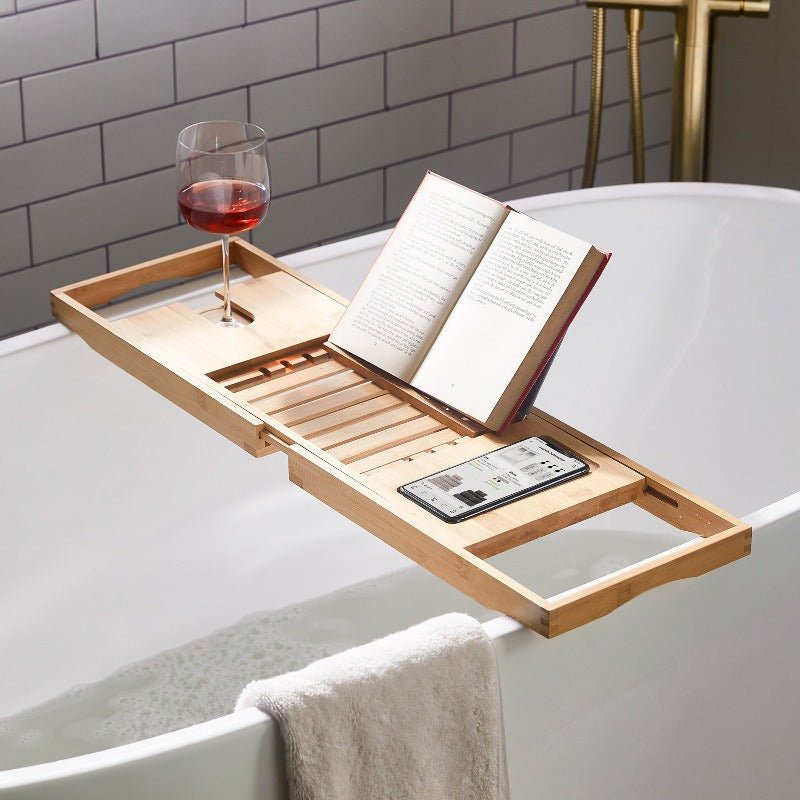 Skorter | Aurevo Bamboo Bath Caddy | Extendable luxury bathtub tray with wine glass & book holder