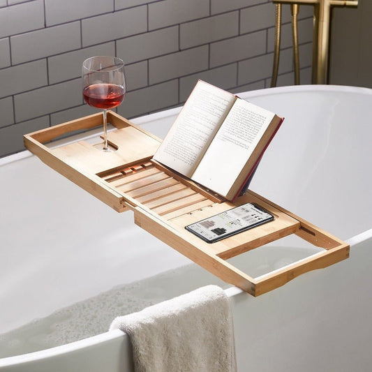 Skorter | Aurevo Bamboo Bath Caddy | Extendable luxury bathtub tray with wine glass & book holder