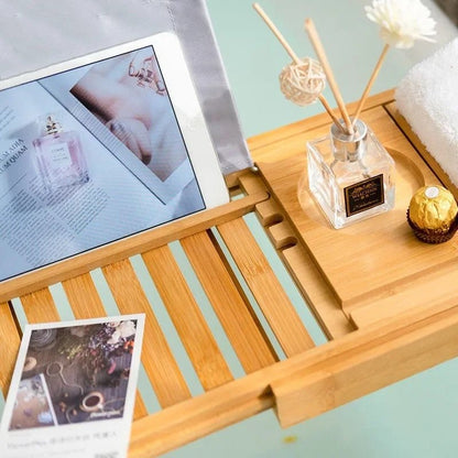 Skorter | Aurevo Bamboo Bath Caddy | Extendable luxury bathtub tray with wine glass & book holder