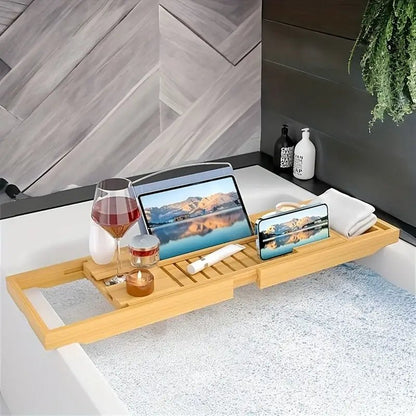 Skorter | Aurevo Bamboo Bath Caddy | Extendable luxury bathtub tray with wine glass & book holder