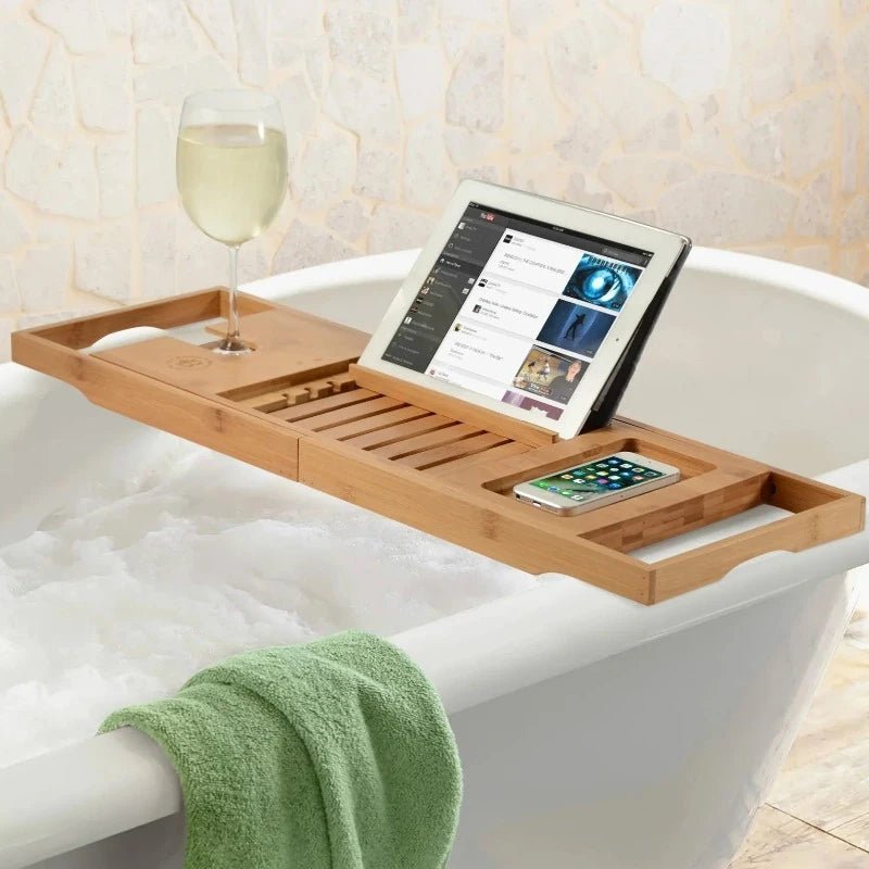Skorter | Aurevo Bamboo Bath Caddy | Extendable luxury bathtub tray with wine glass & book holder