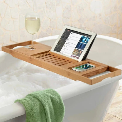 Skorter | Aurevo Bamboo Bath Caddy | Extendable luxury bathtub tray with wine glass & book holder