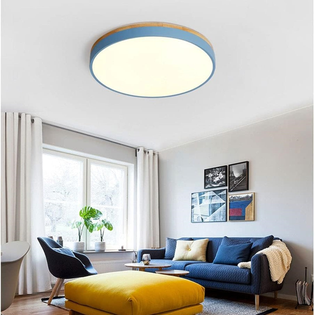 Skorter | Wooden Round Shape Flush Ceiling Light | LED. Solid Wood & Iron for Living Room. Dining Room & Hallway