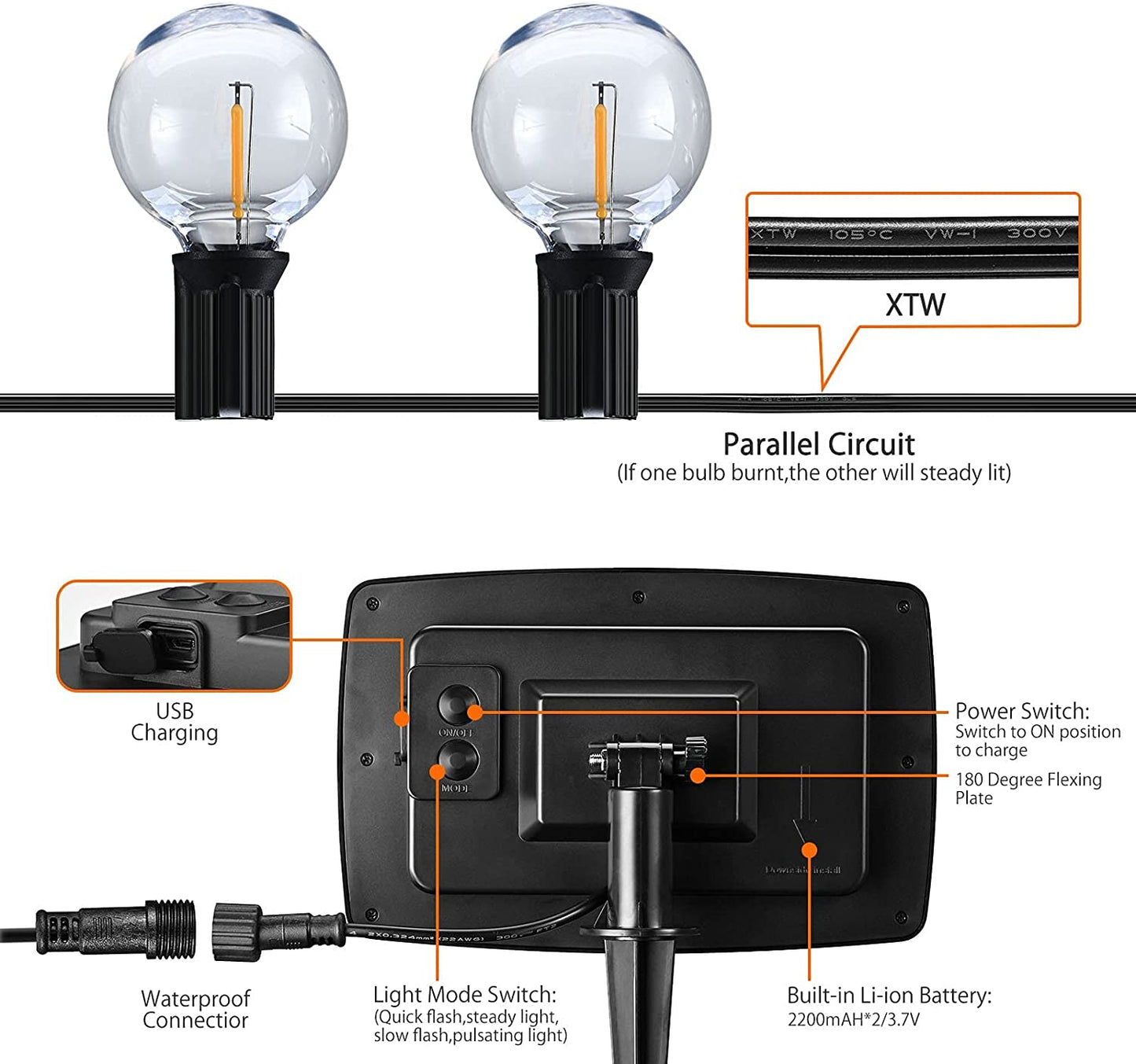 Skorter | 27Ft G40 Solar String Lights Outdoor Waterproof Globe Lights With 4 Lighting Modes Shockproof LED Bulbs