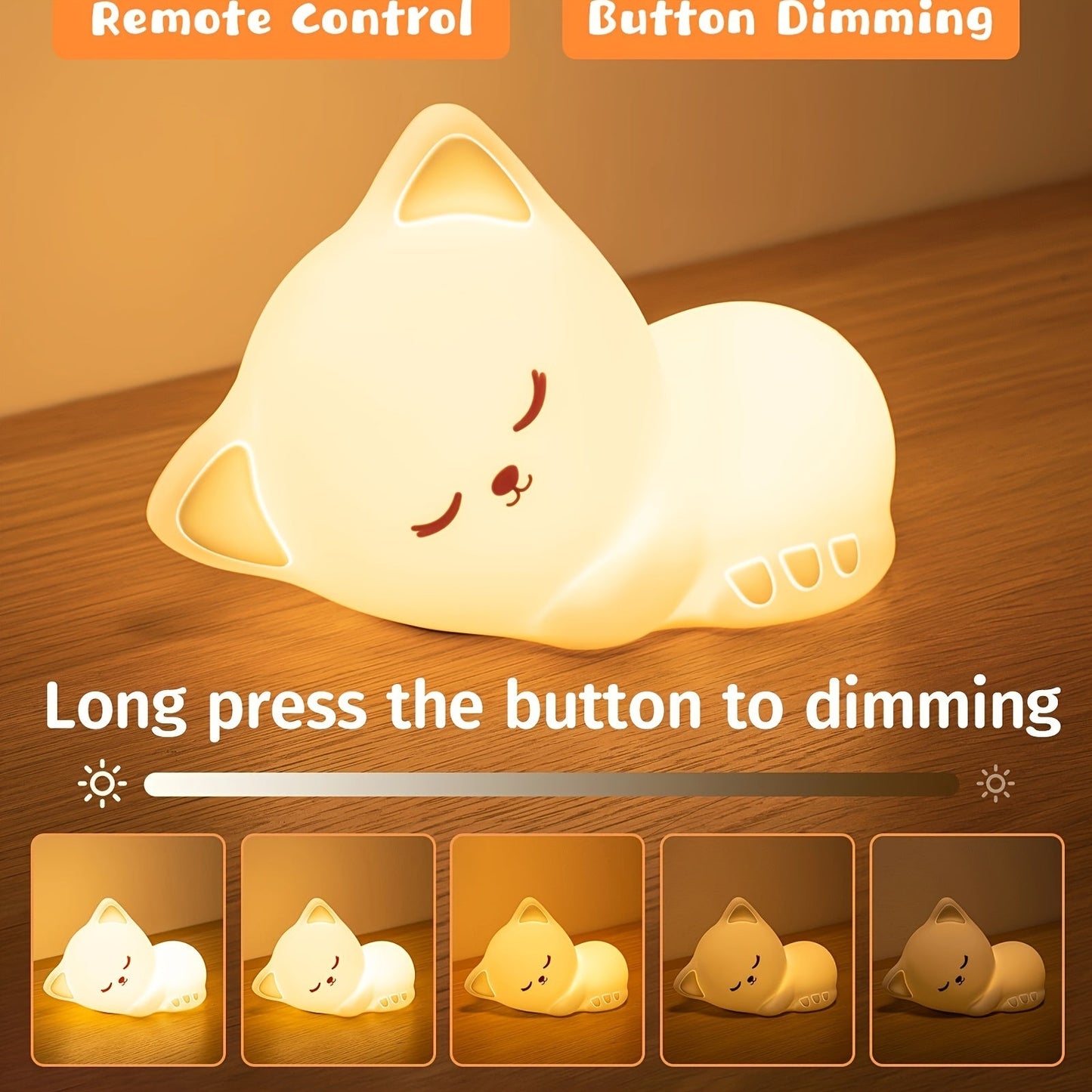 Skorter | KittyGlow - Cute Cat Night Light with Remote Control and USB Rechargeable Silicone Lamp