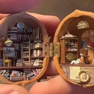 Skorter | Handmade.Walnut Shell Doll House--Mini Library, Tiny World Inside Walnuts