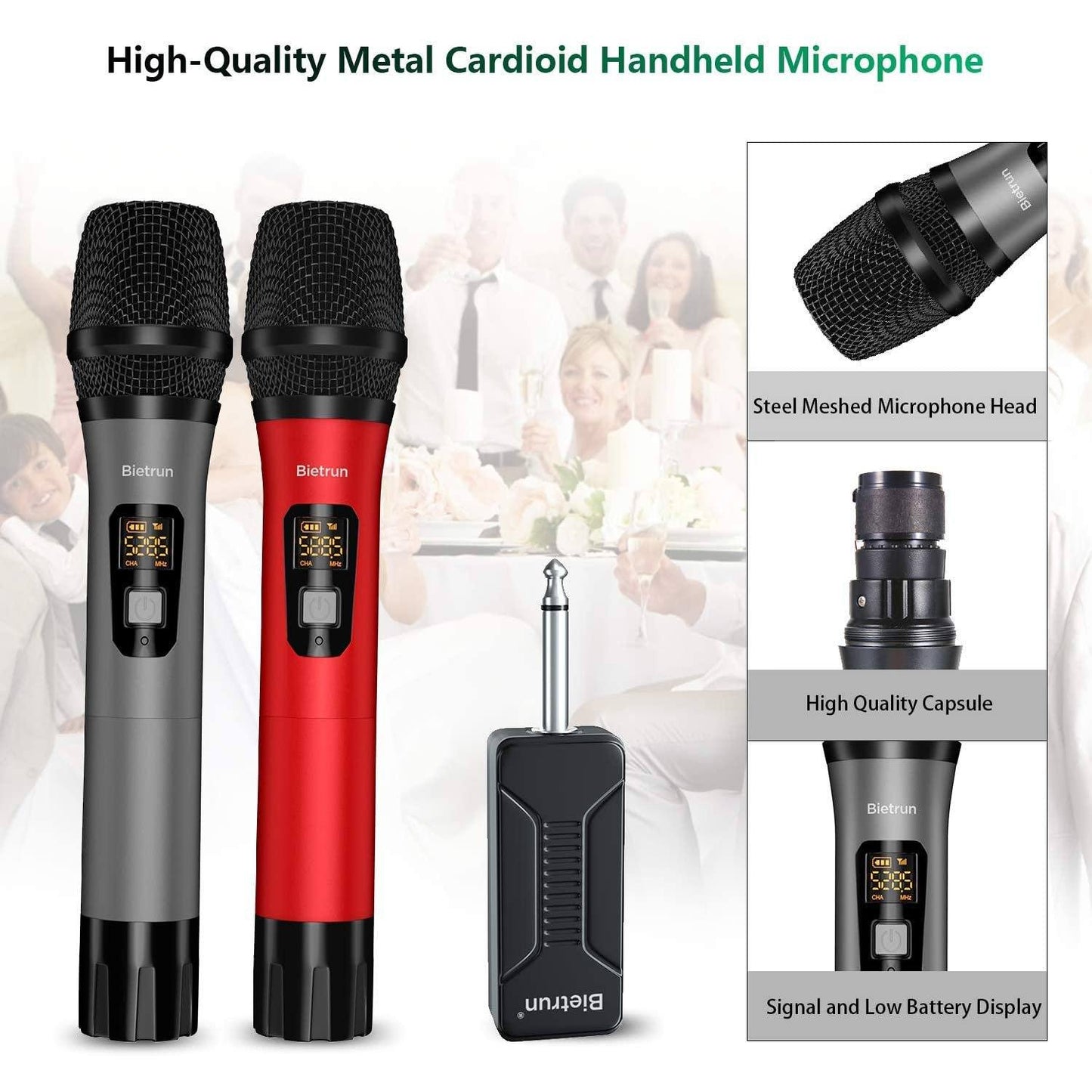 Skorter | Bietrun Wireless UHF Metal Dual Handheld Dynamic Microphone System Karaoke