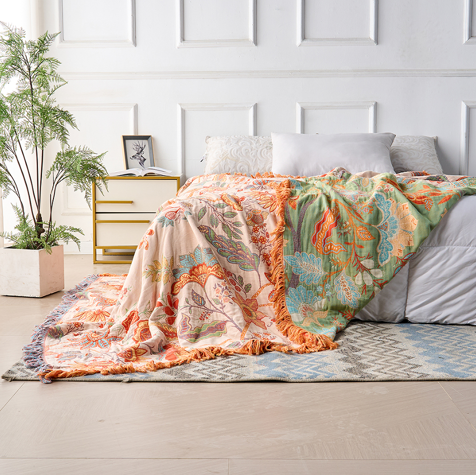 Skorter | Boho Floral Cotton Throw Blanket with Fringe – Cream & Orange