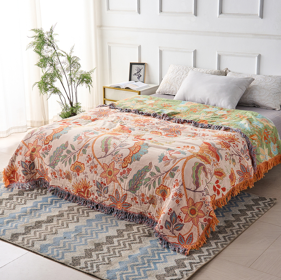 Skorter | Boho Floral Cotton Throw Blanket with Fringe – Cream & Orange