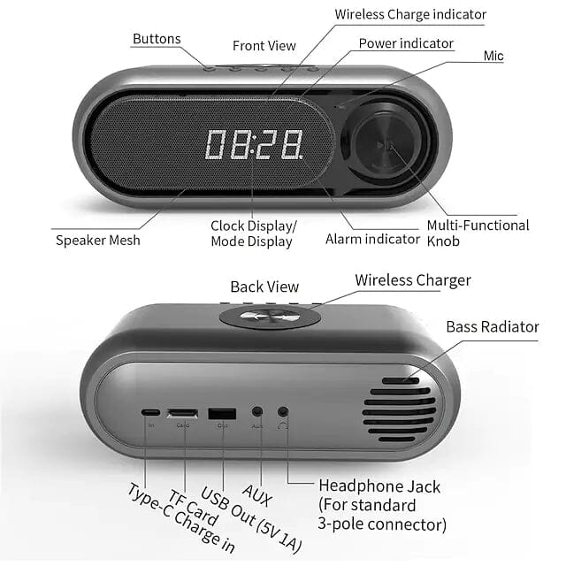 Skorter | Bluetooth speaker Wireless Charger with Alarm Clock