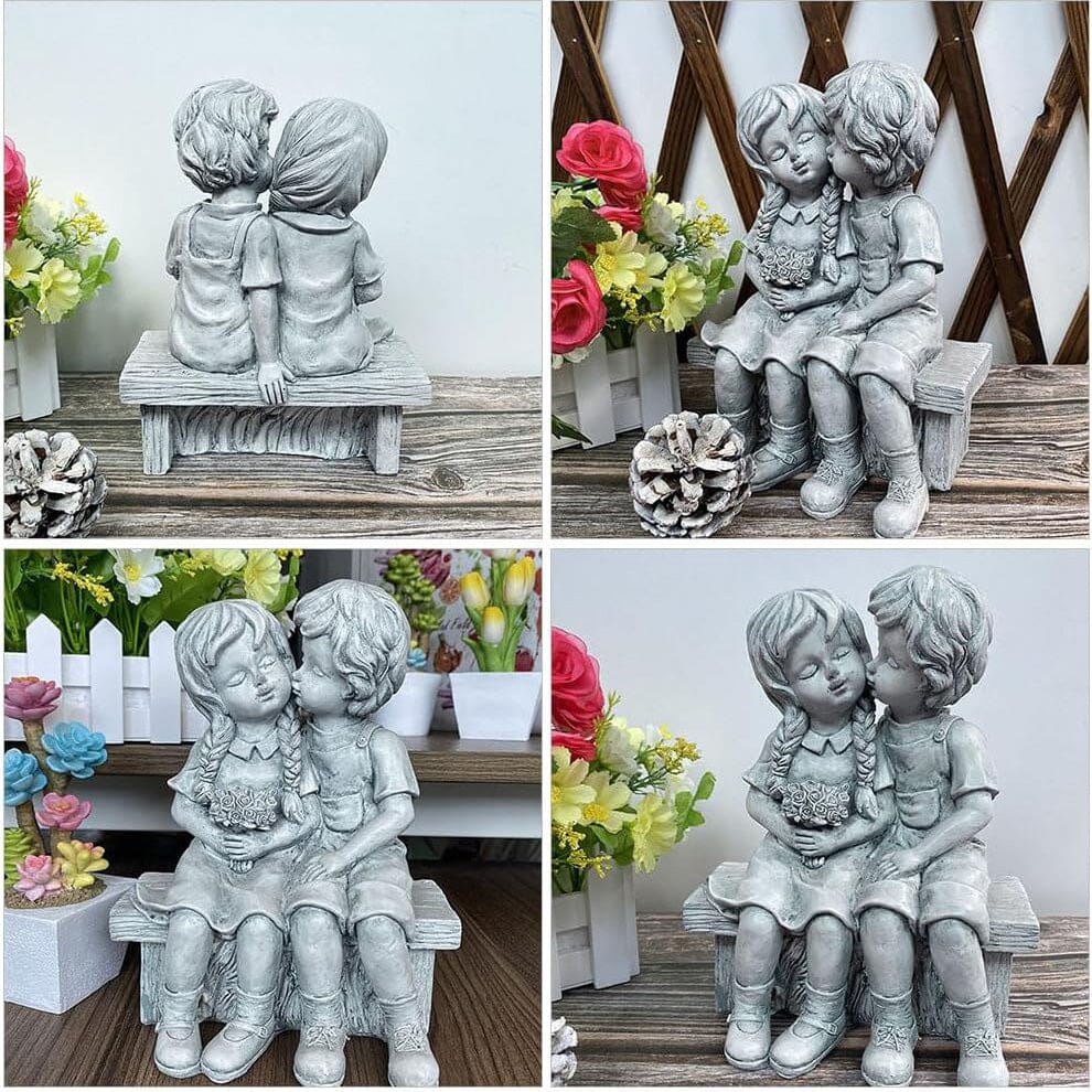 Skorter | Boy Kissing Girl Statue Sitting on Bench Figure