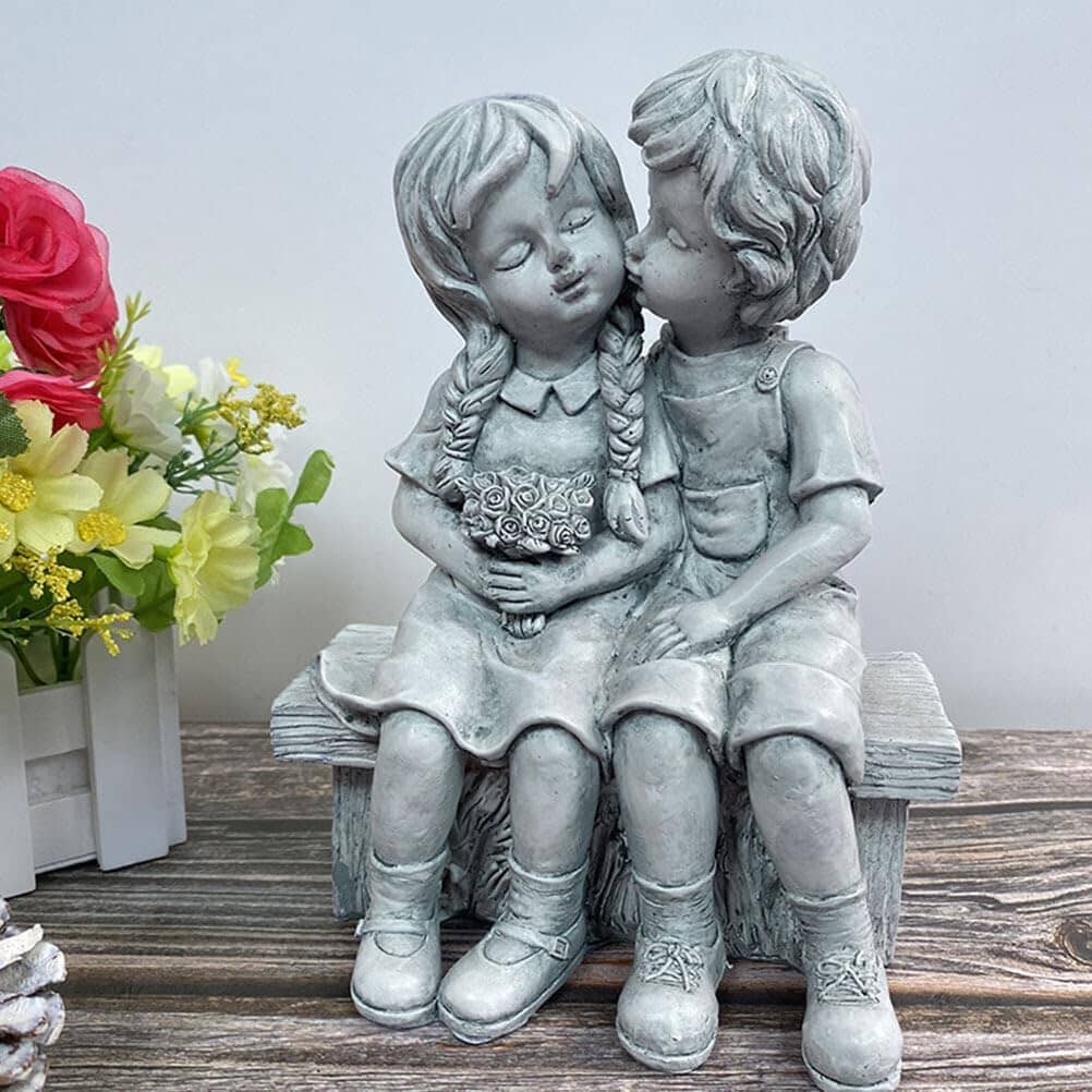 Skorter | Boy Kissing Girl Statue Sitting on Bench Figure