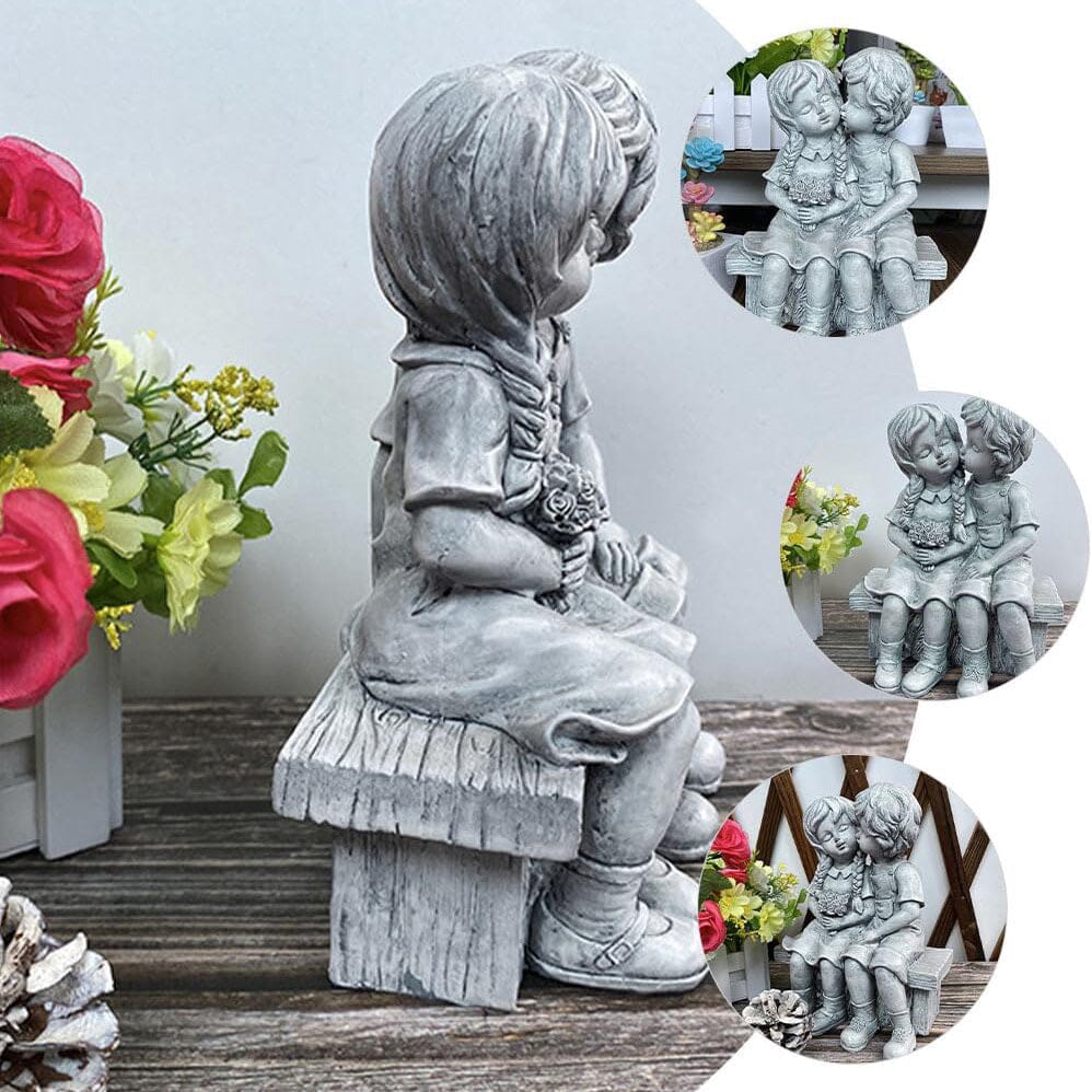 Skorter | Boy Kissing Girl Statue Sitting on Bench Figure