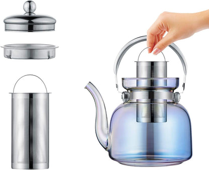 Skorter | 50 Oz(1500Ml) Glass Teapot with Lid, Removable Stainless Steel Tea Strainer and Handle, Stovetop Safe Tea Maker for Blooming and Loose Leaf Tea (Iridescent)