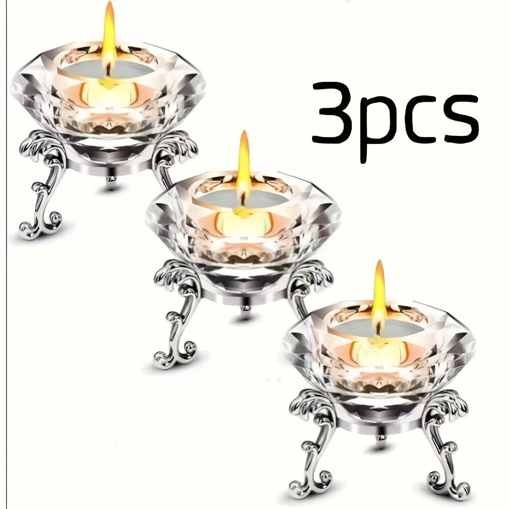 Skorter | 2-piece set with transparent crystal candle holders - European style, romantic diamond candle holders with metal ring base