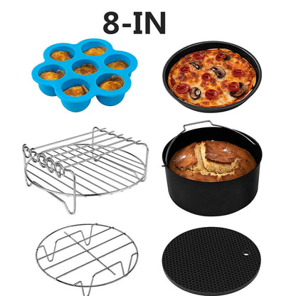 Skorter | 6Pcs 8inch Round Air Fryer Accessories Baking Tray Basket Rack Chip Pizza Pan -