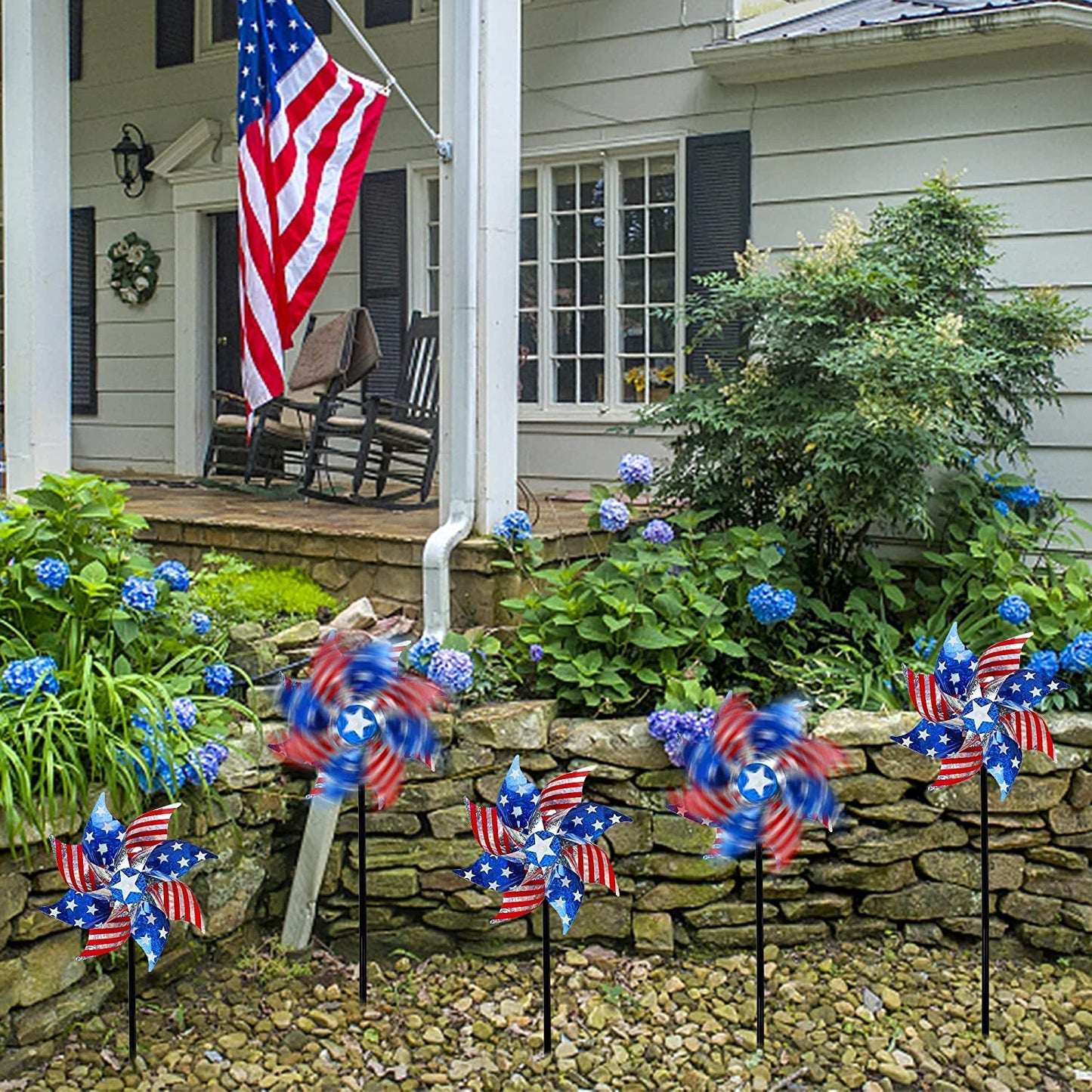 Skorter | 10 Pack Reflective Pinwheels Patriotic Decorations, American Flag on Pole Wind Spinner with Support for Independence Day, Memorial Day July 4th Party Supplies, Scare Birds Repellent Devices
