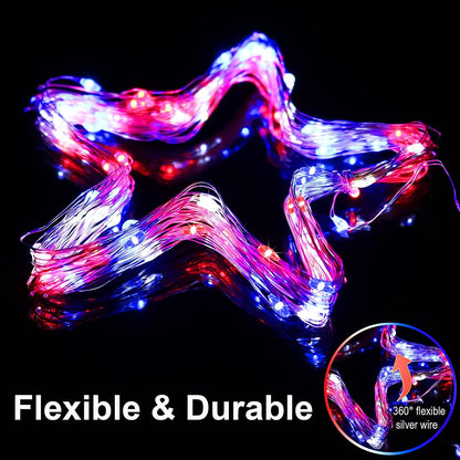 Skørter | July 4 patriotic home decorations outdoor lights - Red White Blue solar string lights, 2-pack each 100 LED 33 feet