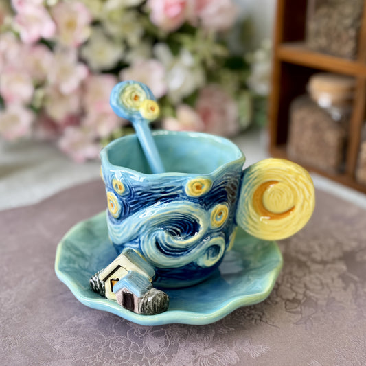 Skorter | ArtSip Ceramic Cup & Saucer Set – Hand-painted 3D Design inspired by Van Gogh